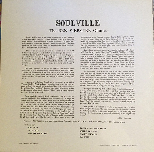 The Ben Webster Quintet - Soulville (Vinyl, LP, Album, Reissue, Mono) Very Good Plus (VG+) / Very Good Plus (VG+)