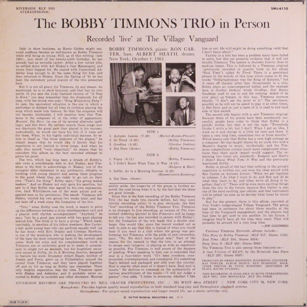 The Bobby Timmons Trio - In Person (Vinyl, LP, Album, Reissue, Stereo)