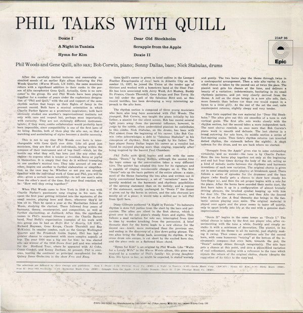 The Phil Woods Quartet - Phil Talks With Quill (The Phil Woods Quartet With Gene Quill Sitting In) (Vinyl, LP, Album, Reissue) Very Good (VG) / Very Good Plus (VG+)