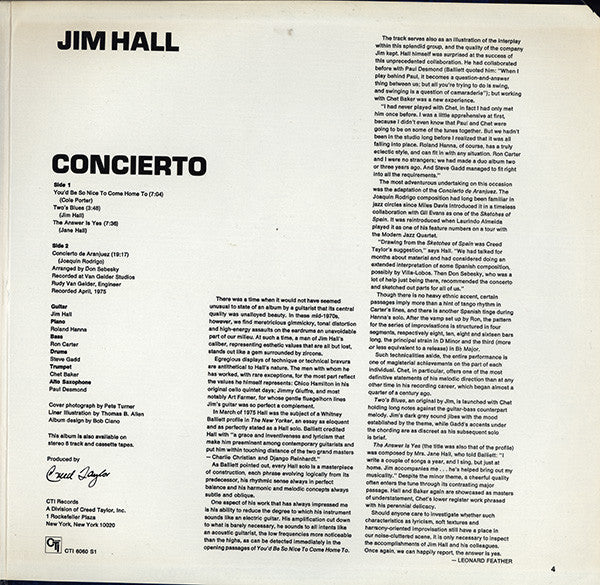 Jim Hall - Concierto (Vinyl, LP, Album, Stereo) Very Good (VG) / Good Plus (G+)