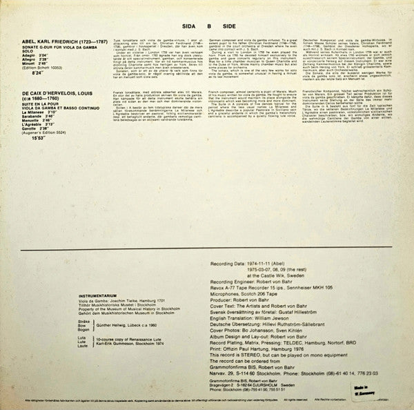Bengt Ericson - Ortiz, Morley, Dowland, Rauh, Newsidler, Ballard, Robinson, Abel, De Caix D'Hervelois (Vinyl, LP, Reissue, Stereo) Very Good (VG) / Very Good Plus (VG+)
