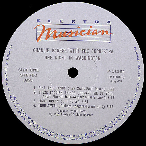 Charlie Parker - One Night In Washington (Vinyl, LP, Album, Stereo) Very Good Plus (VG+) / Very Good Plus (VG+)