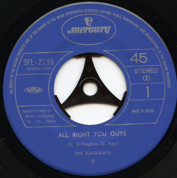 The Runaways - All Right You Guys (Vinyl, 7", 45 RPM, Single, Stereo)
