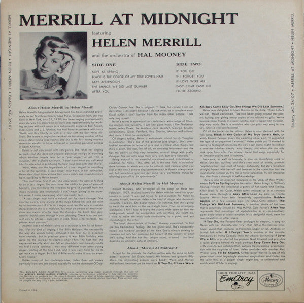 Helen Merrill - Merrill At Midnight (Vinyl, LP, Album, Mono) Very Good Plus (VG+) / Good Plus (G+)