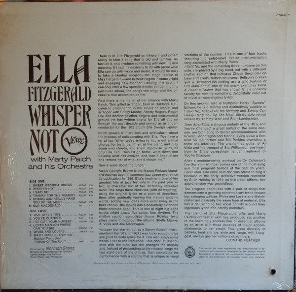 Ella Fitzgerald - Whisper Not (Vinyl, LP, Album, Mono) Good Plus (G+) / Very Good (VG)