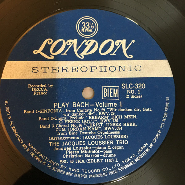 Jacques Loussier - Play Bach Vol.1 (Vinyl, LP, Album, Stereo) Very Good Plus (VG+) / Very Good (VG)