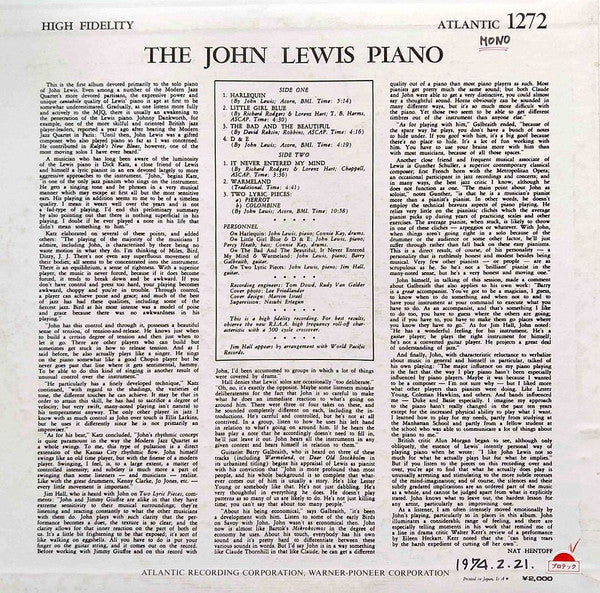 John Lewis (2) - The John Lewis Piano (Vinyl, LP, Album, Mono) Very Good Plus (VG+) / Very Good Plus (VG+)