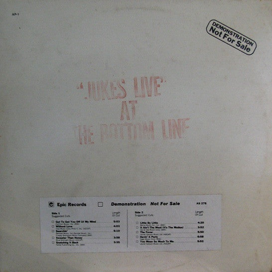 Southside Johnny & The Asbury Jukes - Jukes Live At The Bottom Line (Vinyl, LP, Album, Promo, Stereo) Very Good (VG) / Good Plus (G+)