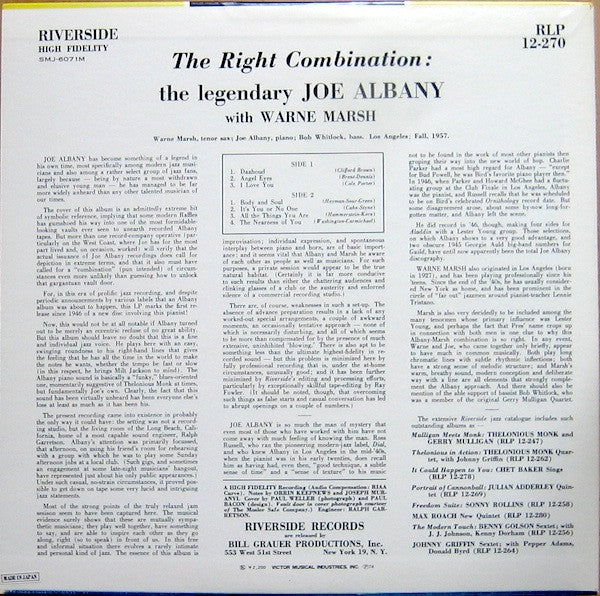 Joe Albany - The Right Combination (Vinyl, LP, Album, Reissue, Mono) Very Good (VG) / Very Good (VG)