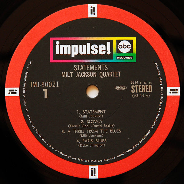 The Milt Jackson Quartet - Statements (Vinyl, LP, Album, Reissue, Stereo) Very Good (VG) / Very Good (VG)