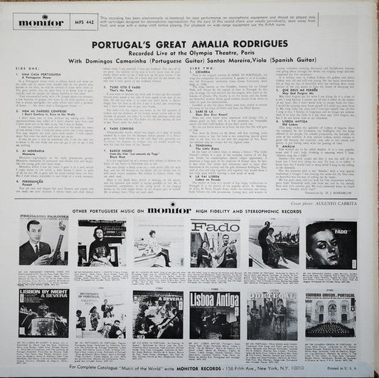Amália Rodrigues - Portugal's Great Amalia Rodrigues (Vinyl, LP, Album, Remastered, Stereo) Good Plus (G+) / Very Good (VG)