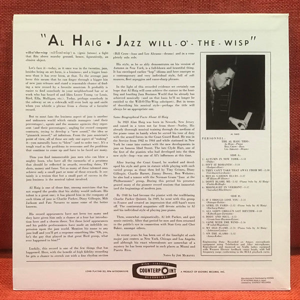 Al Haig - Jazz Will-O-The-Wisp (Vinyl, LP, Reissue, Mono) Very Good (VG) / Very Good Plus (VG+)