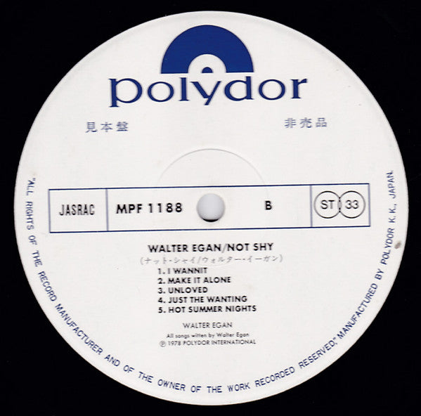 Walter Egan - Not Shy (Vinyl, LP, Album, Promo) Very Good Plus (VG+) / Very Good Plus (VG+)