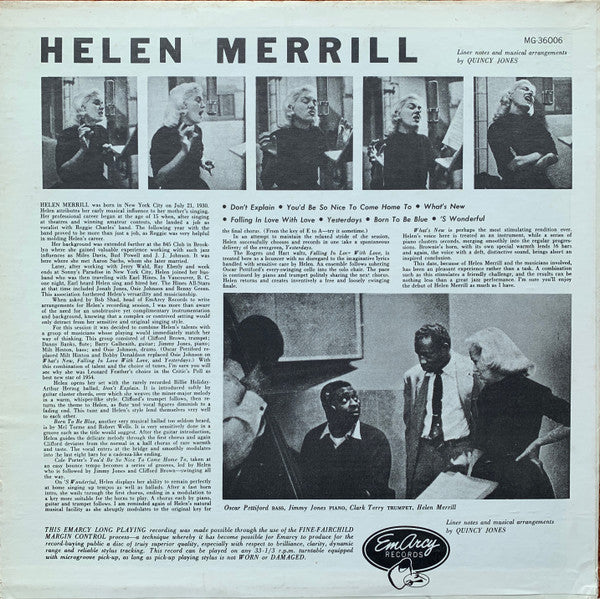 Helen Merrill - Helen Merrill (Vinyl, LP, Album, Mono) Good Plus (G+) / Very Good (VG)