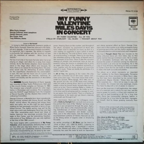 Miles Davis - My Funny Valentine - Miles Davis In Concert (Vinyl, LP, Album, Reissue) Very Good Plus (VG+) / Very Good Plus (VG+)