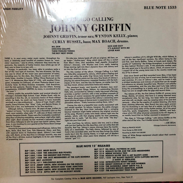 Johnny Griffin - Introducing Johnny Griffin (Vinyl, LP, Album, Mono) Very Good (VG) / Very Good (VG)