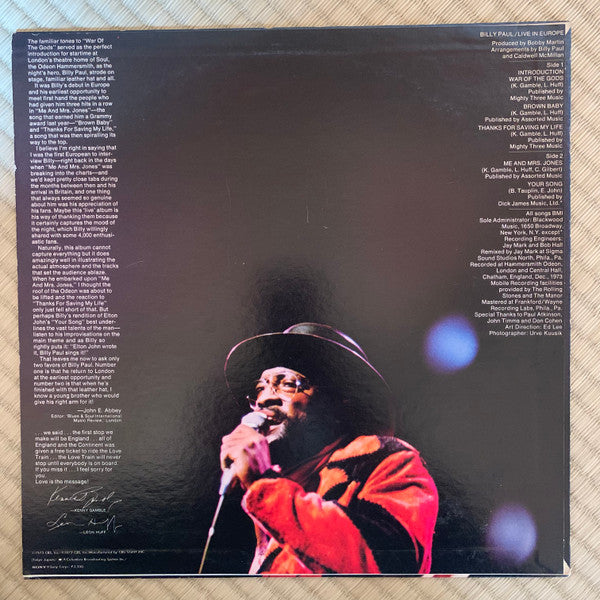 Billy Paul - Live In Europe (Vinyl, LP, Album, Stereo) Very Good Plus (VG+) / Very Good (VG)