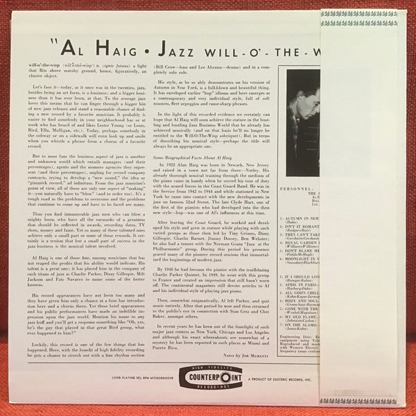 Al Haig - Jazz Will-O-The-Wisp (Vinyl, LP, Reissue, Mono) Very Good (VG) / Very Good Plus (VG+)