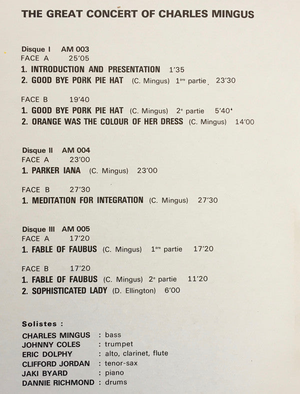 Charles Mingus - The Great Concert Of Charles Mingus (3xVinyl, LP, Album, Stereo) Near Mint (NM or M-) / Very Good Plus (VG+)