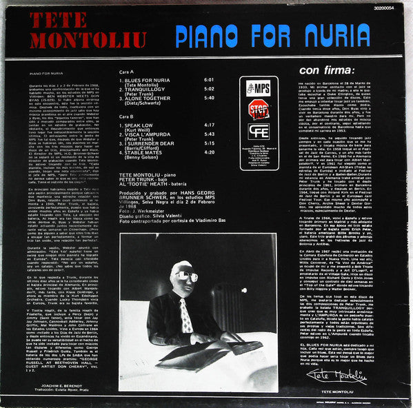 Tete Montoliu - Piano For Nuria (Vinyl, LP, Album, Reissue) Very Good (VG) / Very Good Plus (VG+)