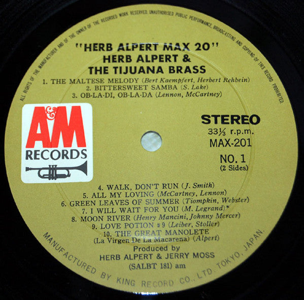 Herb Alpert & The Tijuana Brass - Max 20 (Vinyl, LP, Compilation) Very Good (VG) / Very Good (VG)