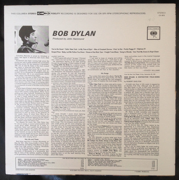 Bob Dylan - Bob Dylan (Vinyl, LP, Album, Reissue, Stereo) Very Good Plus (VG+) / Very Good (VG)