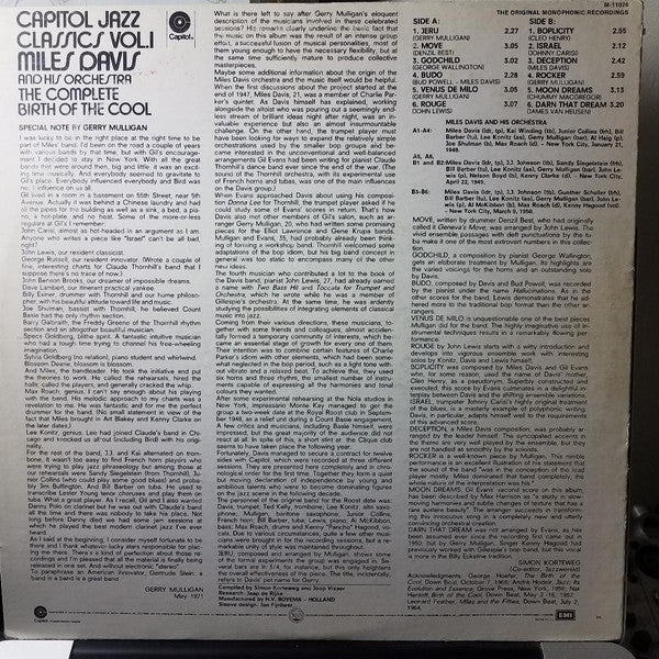 Miles Davis And His Orchestra - Capitol Jazz Classics Volume 1 The Complete Birth Of The Cool (Vinyl, LP, Compilation, Reissue, Mono) Very Good Plus (VG+) / Very Good Plus (VG+)