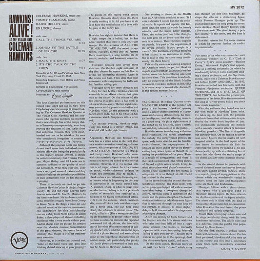 Coleman Hawkins - Hawkins! Alive! At The Village Gate = ジェリコの戦い (Vinyl, LP, Album, Reissue, Stereo) Very Good Plus (VG+) / Very Good Plus (VG+)