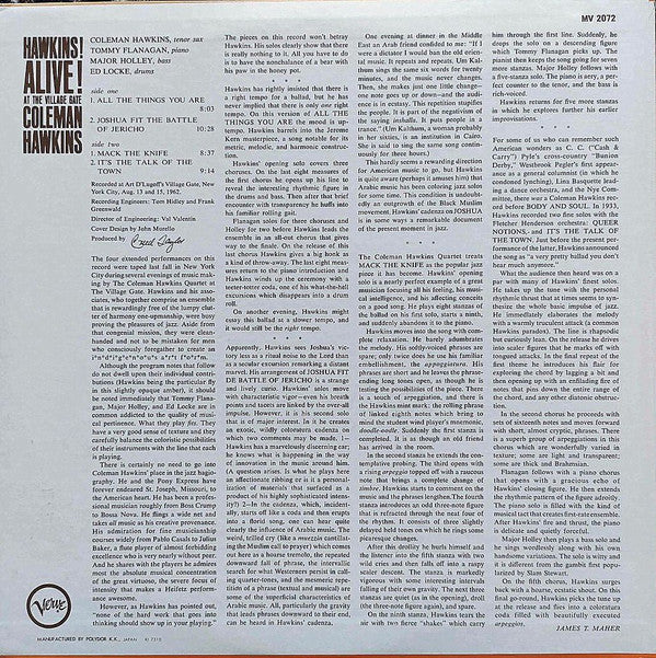 Coleman Hawkins - Hawkins! Alive! At The Village Gate = ジェリコの戦い (Vinyl, LP, Album, Reissue, Stereo) Very Good Plus (VG+) / Very Good (VG)