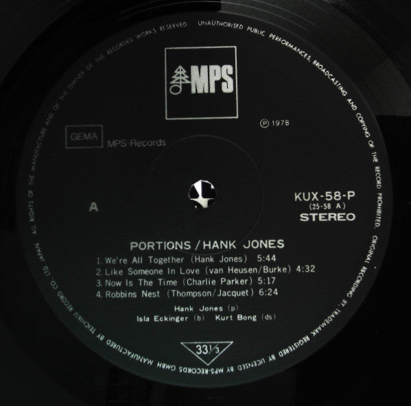 Hank Jones Trio - Portions (Vinyl, LP, Album) Very Good Plus (VG+) / Very Good Plus (VG+)