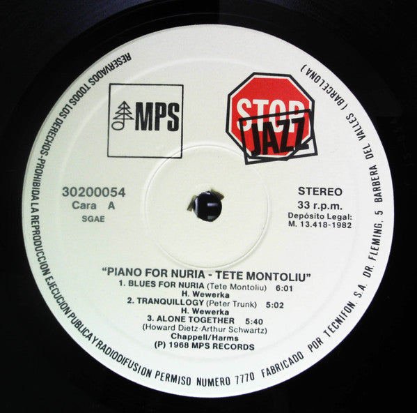 Tete Montoliu - Piano For Nuria (Vinyl, LP, Album, Reissue) Very Good (VG) / Very Good Plus (VG+)