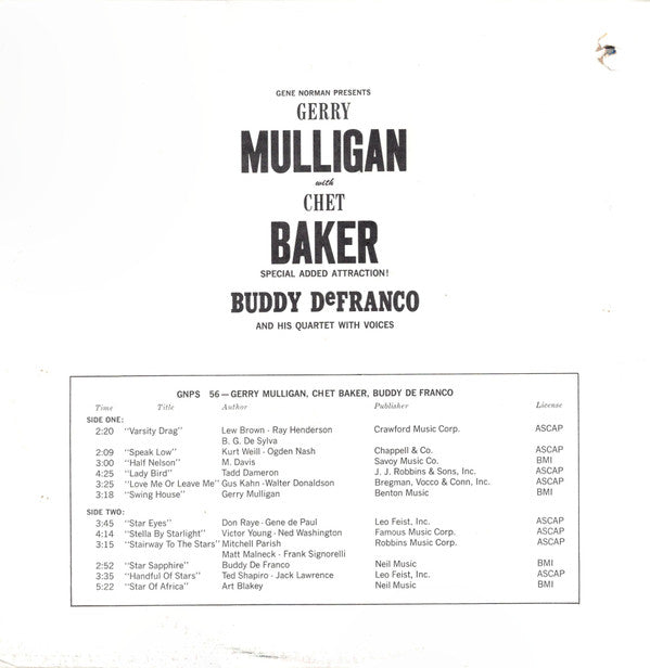 Gene Norman - Gerry Mulligan Quartet / Buddy DeFranco Quartet (Vinyl, LP, Compilation, Reissue, Stereo) Good Plus (G+) / Good Plus (G+)