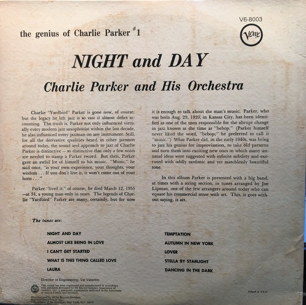 Charlie Parker And His Orchestra - Night And Day (Vinyl, LP, Compilation, Reissue, Stereo) Near Mint (NM or M-) / Good Plus (G+)