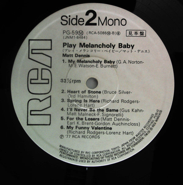 Matt Dennis - Play Melancholy Baby (Vinyl, LP, Reissue, Mono) Very Good (VG) / Very Good (VG)