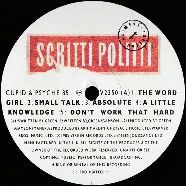 Scritti Politti - Cupid & Psyche 85 (Vinyl, LP, Album) Very Good Plus (VG+) / Very Good (VG)