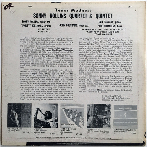 Sonny Rollins Quartet - Tenor Madness (Vinyl, LP, Album, Reissue, Mono) Very Good (VG) / Fair (F)