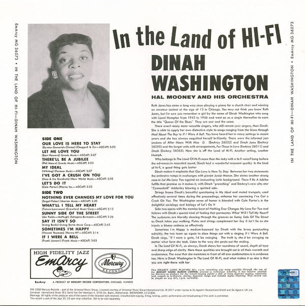 Dinah Washington - In The Land Of Hi-Fi (Vinyl, LP, Album, Reissue) Very Good Plus (VG+) / Near Mint (NM or M-)
