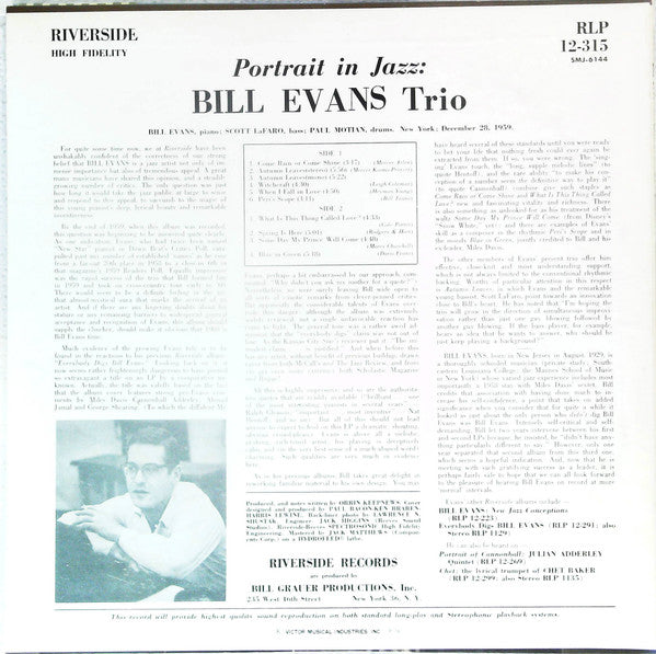 The Bill Evans Trio - Portrait In Jazz (Vinyl, LP, Album, Promo, Reissue, Stereo) Very Good Plus (VG+) / Very Good Plus (VG+)