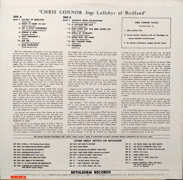 Chris Connor - Sings Lullabys Of Birdland (Vinyl, LP, Album, Promo, Mono) Very Good Plus (VG+) / Very Good (VG)