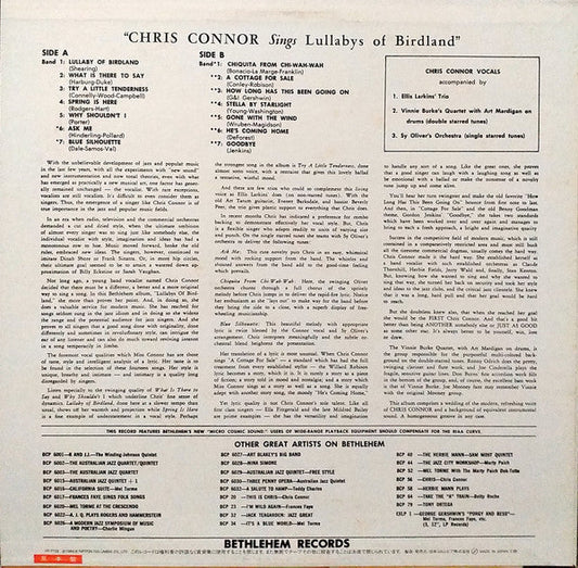 Chris Connor - Sings Lullabys Of Birdland (Vinyl, LP, Album, Promo, Mono) Very Good Plus (VG+) / Very Good (VG)