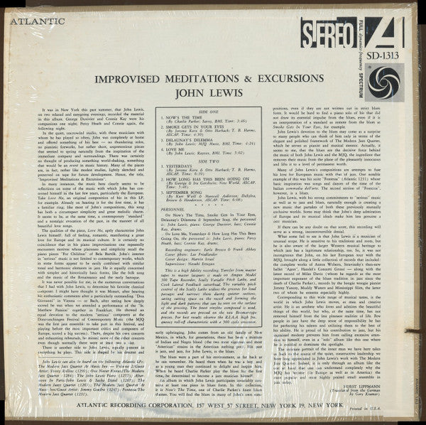 John Lewis (2) - Improvised Meditations & Excursions (Vinyl, LP, Album, Reissue, Stereo) Very Good (VG) / Good Plus (G+)