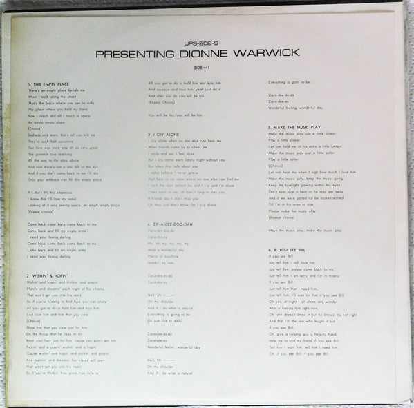 Dionne Warwick - Presenting Dionne Warwick (Vinyl, LP, Album, Reissue, Stereo) Very Good Plus (VG+) / Very Good (VG)