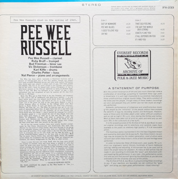 Pee Wee Russell - Pee Wee Russell (Vinyl, LP, Album, Stereo) Very Good Plus (VG+) / Very Good Plus (VG+)
