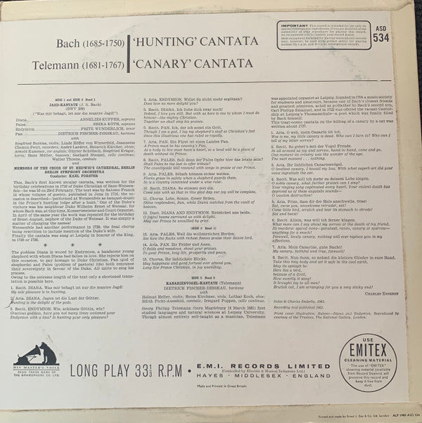 Dietrich Fischer-Dieskau - "Hunting" Cantata • "Canary" Cantata (Vinyl, LP, Album, Stereo) Very Good Plus (VG+) / Very Good Plus (VG+)