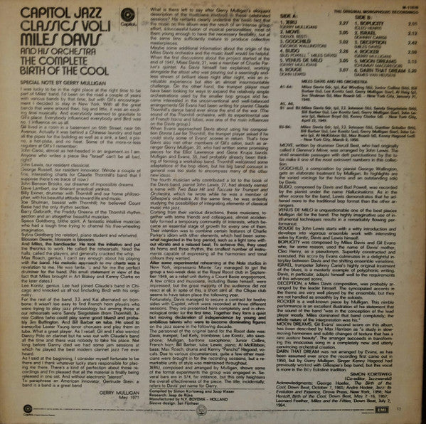 Miles Davis And His Orchestra - The Complete Birth Of The Cool (Vinyl, LP, Album, Compilation, Reissue, Mono) Near Mint (NM or M-) / Near Mint (NM or M-)