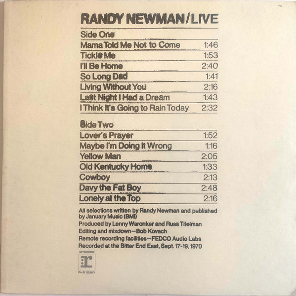Randy Newman - Live (Vinyl, LP, Album) Good Plus (G+) / Good Plus (G+)