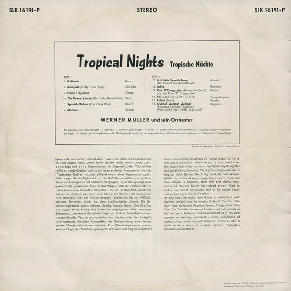 Werner Müller Und Sein Orchester - Tropical Nights = Tropische Nächte (Vinyl, LP, Album, Stereo) Very Good (VG) / Very Good (VG)