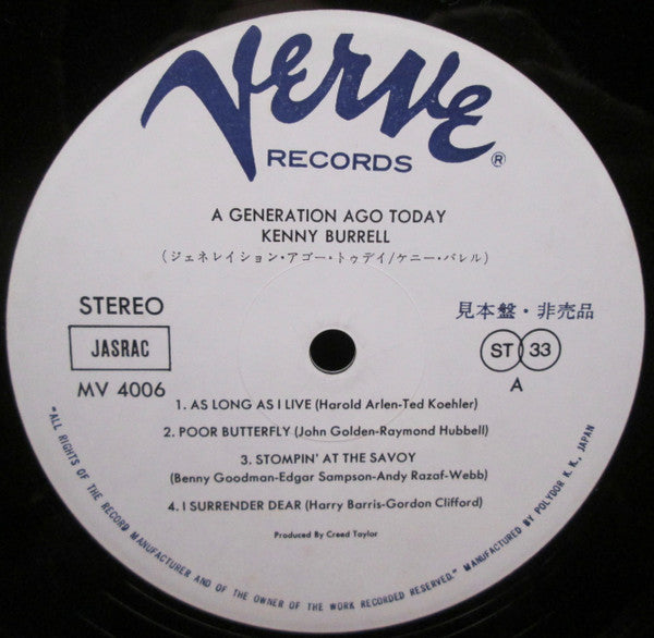 Kenny Burrell - A Generation Ago Today (Vinyl, LP, Album, Promo, Reissue, Stereo) Very Good Plus (VG+) / Very Good Plus (VG+)