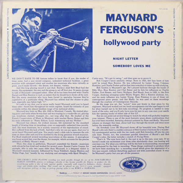 Maynard Ferguson - Maynard Ferguson's Hollywood Party (Vinyl, LP, Album, Promo, Reissue, Mono) Very Good Plus (VG+) / Very Good (VG)