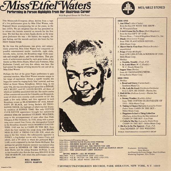 Ethel Waters - Performing In Person Highlights From Her Illustrious Career (Vinyl, LP, Compilation, Stereo) Very Good (VG) / Very Good Plus (VG+)